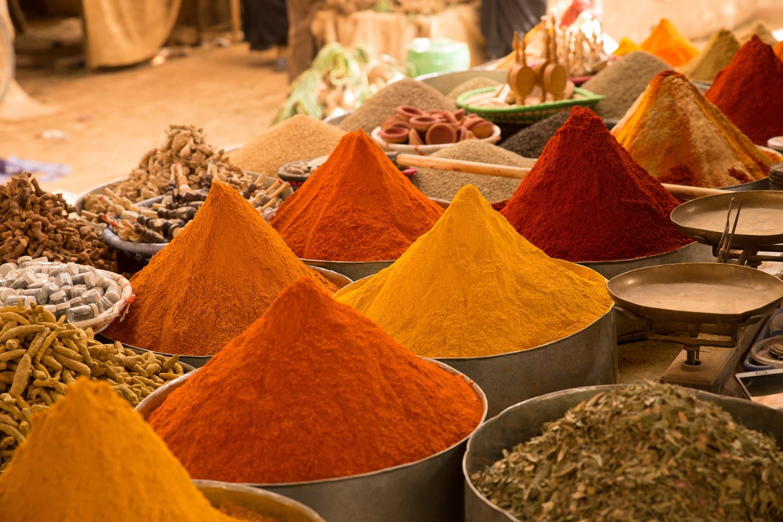 closeup shot colorful asian spices market with blurry scaled